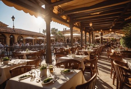 A bustling restaurant in Port Aventura, with colorful dishes and lively atmosphere. Tables filled with diners enjoying a variety of international cuisines