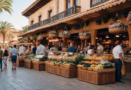 A bustling marketplace with colorful storefronts and shoppers browsing goods in Port Aventura