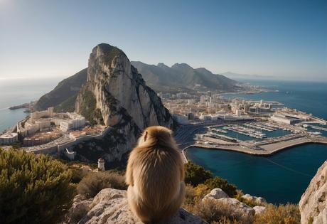 A panoramic view of the Rock of Gibraltar with the iconic Barbary macaques roaming freely, the historic Moorish Castle, and the bustling port with ships coming and going