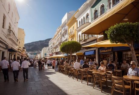 Busy Main Street and Commercial Zone in Gibraltar. Shops, cafes, and tourists fill the bustling street. Iconic Rock of Gibraltar looms in the background
