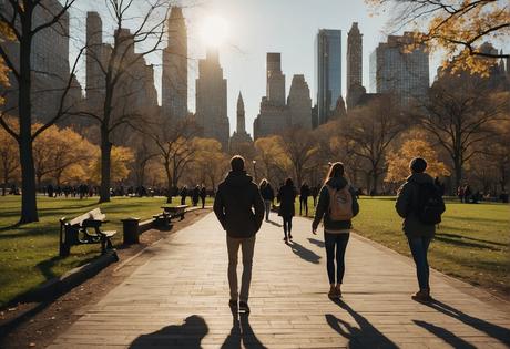 People walking in Central Park, admiring the skyline. A street artist performs, while others enjoy the scenery