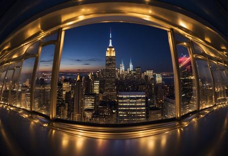 A panoramic view of New York City with iconic landmarks and activities, all depicted in vibrant colors and intricate details
