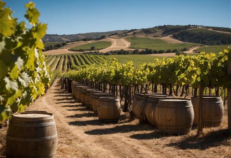 Los vinos Ribera del Duero más recomendados: Guía de Expertos 2024 A vineyard in Ribera del Duero, with rolling hills, lush green vines, and a clear blue sky. A rustic winery and barrels in the background