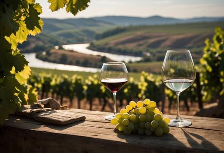 Los vinos Ribera del Duero más recomendados: Guía de Expertos 2024 A rustic vineyard with rolling hills and vibrant grapevines, set against the backdrop of the Duero River, showcasing the renowned wines of Ribera del Duero
