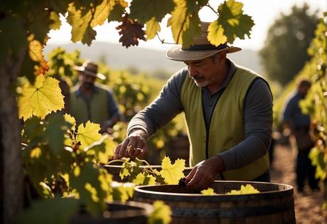 Los vinos Ribera del Duero más recomendados: Guía de Expertos 2024 Vineyard workers harvest ripe grapes under the warm sun, while a winemaker carefully tends to oak barrels in a dimly lit cellar