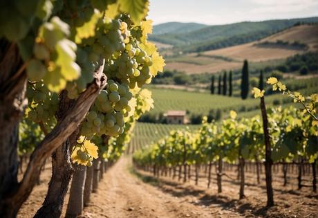 A rustic vineyard with rolling hills, lush grapevines, and a quaint winery nestled in the countryside of Ribera del Duero