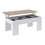 Mesa de Centro Elevable, Mesita de Salón o Comedor, Modelo LC, Acabado en Color Blanco Artik y Roble Canadian, Medidas: 100 cm (Ancho) x 50 cm (Fondo) x 45-56 cm (Alto)