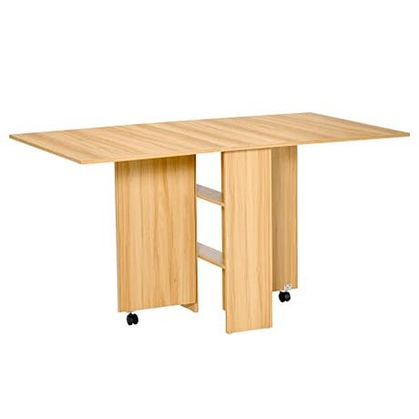 HOMCOM Mesa de Comedor Plegable con Ruedas Mesa de Cocina Extensible para Espacio Pequeño con 2 Alas Abatibles y Estantes 140x80x74 cm Madera Natural