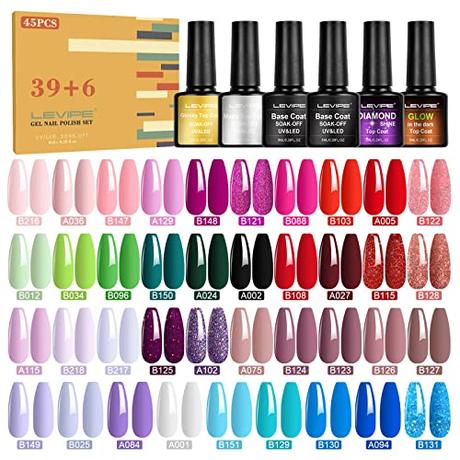 LEVIPE 45 Pcs Esmalte Semipermanente para Uñas Gel UV LED, 39 Colores de Pintauñas con 2 Base, Top Coat Brillante y Mate, capa Superiores de Diamante y Brilla en la Oscuridad