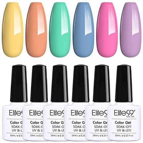 Elite99 6pcs Kit de Esmaltes Semipermanentes de Uñas en Gel UV LED, 10ml, Macarrón Colors Rosa Púrpura Azul Verde