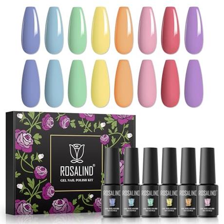 ROSALIND Esmaltes Semipermanentes para Uñas, 8 Color Rosa Verde Naranja Amarillo Morado Azul Pintauñas Semipermanentes, 5ml UV Gel de Uñas Semipermanente, Set Manicura, Gel Nail Polish 8Pcs
