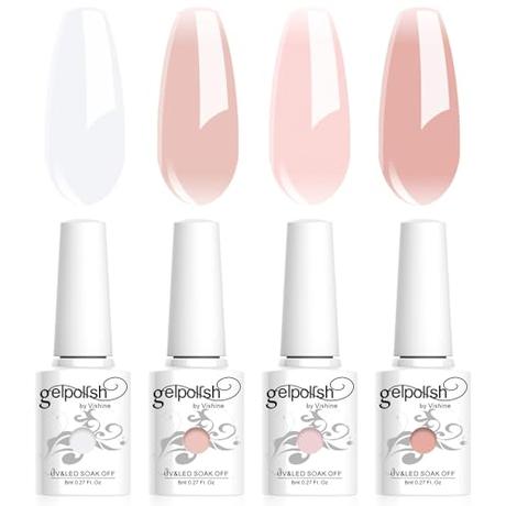 Vishine Esmalte en gel semipermanente Claro Lechoso Blanco Rosa, 4 colores naturales 8ml - Esmalte de uñas Crystal Jelly Soak Off UV LED