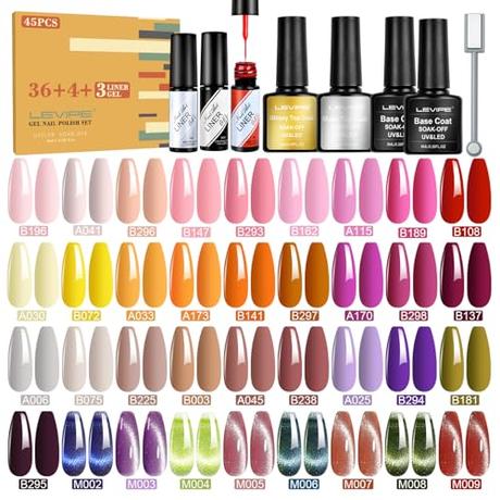 44Pcs Pintauñas Semipermanentes, 36 Colores Esmalte Semipermanente + 2 Base + 1 Top Coat Brillante + 1 Mate + 3 Negro, Rojo, Blanco Gel de Arte Lineal + 1 Tira Magnética de Ojo de Gato, 8ml
