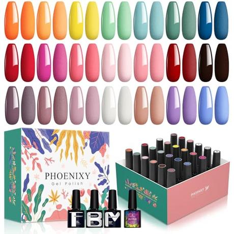 Esmaltes Semipermanentes para Uñas, Phoenixy 24Pcs 8ml 21Colores Pintauñas Semipermanentes con Capa Base Capa Superior Brillante y Mate, Kit Uñas Semipermanentes Esmalte para Manicura