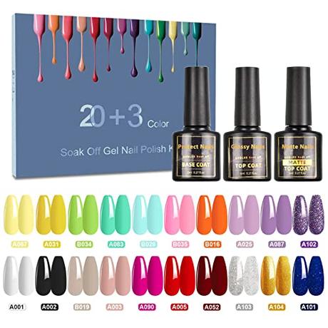 23 Pcs Esmalte Semipermanente, SHOWNAIL 20 Color Pintauñas Semipermanentes Remojo con Base, Top Coat Brillante y Mate, Set Esmalte de Uñas Semipermanentes con Desnudo Rosa Neón Blanco Negro, 8ml