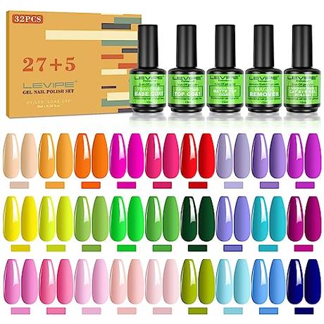 32Pcs Pintauñas Semipermanentes Kit, Popular Summer Colores Esmalte Semipermanente Gel UV LED con Base, Top Coat Brillante y Mate y Esmalte de Gel de Ojo de Gato y Removedor de Esmalte de Uñas, 15ML