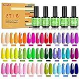 32Pcs Pintauñas Semipermanentes Kit, Popular Summer Colores Esmalte Semipermanente Gel UV LED con Base, Top Coat Brillante y Mate y Esmalte de Gel de Ojo de Gato y Removedor de Esmalte de Uñas, 15ML
