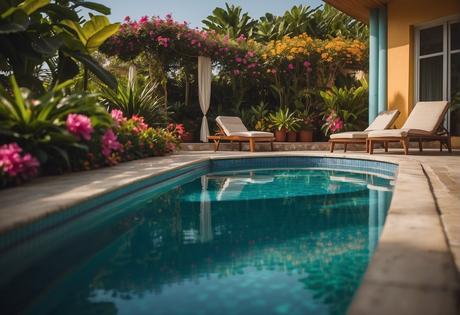 A private pool at a Veracruz motel, surrounded by lush greenery and colorful flowers, with a view of the ocean in the background