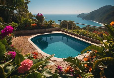 A private pool at a Veracruz motel, surrounded by lush greenery and colorful flowers, with a view of the ocean in the distance