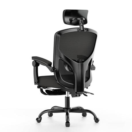 rattantree Silla de Oficina, Silla de Escritorio Ergonómica con Reposapiés, Reposacabezas Ajustable, Soporte Lumbar Ajustable, Ajuste de Altura, Silla Reclinable de Malla con Respaldo Alto, Negro