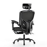 rattantree Silla de Oficina, Silla de Escritorio Ergonómica con Reposapiés, Reposacabezas Ajustable, Soporte Lumbar Ajustable, Ajuste de Altura, Silla Reclinable de Malla con Respaldo Alto, Negro