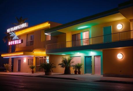 A row of colorful, budget-friendly motels in Chihuahua, with neon signs and palm trees lining the entrance
