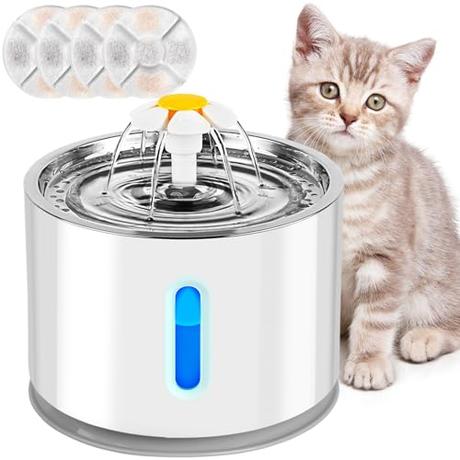 AQXONG Bebedero para Gatos 2.4L, Fuente de Agua para Mascotas Ultra Silenciosa con luz LED - Sistema de Filtración Cuádruple, Tres Modos de Flujo de Agua, con Cuatro Filtros de Carbón Activado
