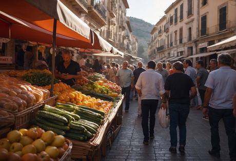 A bustling market in Jaén, with colorful stalls selling fresh produce and local delicacies. People chat and bargain, while the aroma of sizzling street food fills the air