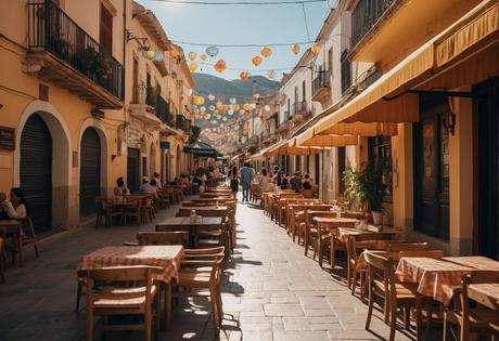 A bustling street in Jaén with colorful signs and outdoor seating at affordable restaurants, showcasing delicious local cuisine