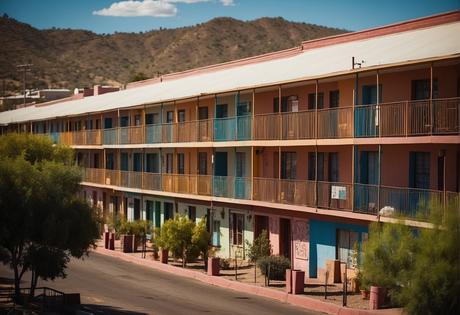 A row of colorful hotels in Nogales, Sonora, with vibrant signage and lush landscaping
