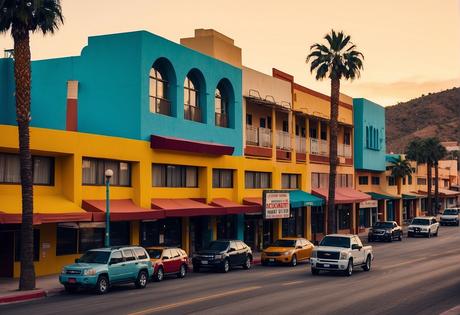 Hotels in Nogales, Sonora, with colorful facades and palm trees lining the streets. A bustling city with a mix of modern and traditional architecture