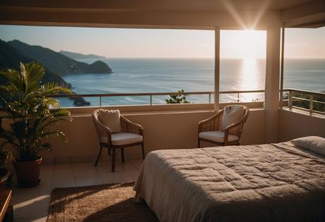A cozy motel room in Acapulco, with a comfortable bed, soft lighting, and a private balcony overlooking the ocean