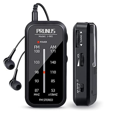 PRUNUS J-985 Transistores Radio Bolsillo FM/Am, Radio Portatil Pequeña con Auriculares (Estéreo en Modo de FM-ST), Radio Pilas Pequeña Funciona con 2 Pilas AAA, Clip Trasero, para caminar y Viajar.