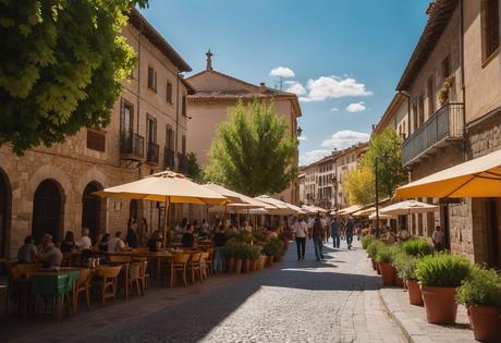 The vibrant streets of Navarra bustle with colorful markets and historic architecture, surrounded by lush green landscapes and rolling hills