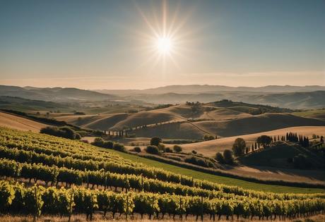 Day 2: Discovering the Middle and Southern Zone of Navarra. Rolling hills, vineyards, and charming villages dot the landscape. Sunlight bathes the countryside, casting long shadows