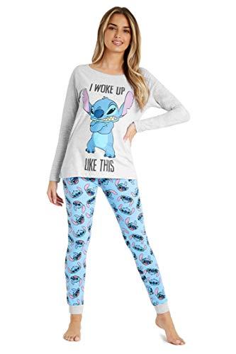 Disney Pijama Mujer Invierno Pijama Stitch Conjunto Pijama Mujer Largo Tallas S-XL Regalos Stitch Mickey Minnie (Gris/Azul Stitch, L)