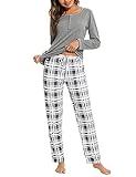 Litherday Pijamas para Mujer de Invierno de Algodón Conjunto de Pijama para Mujer Manga Larga Ropa de Dormir para Mujer Pantalones Largo con Bolsillos y Cordón, Gris, L