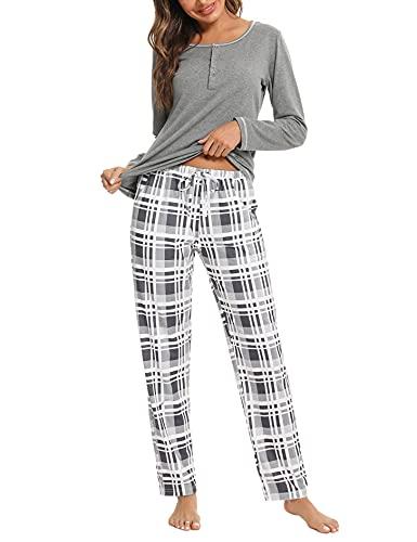Litherday Pijamas para Mujer de Invierno de Algodón Conjunto de Pijama para Mujer Manga Larga Ropa de Dormir para Mujer Pantalones Largo con Bolsillos y Cordón, Gris, L