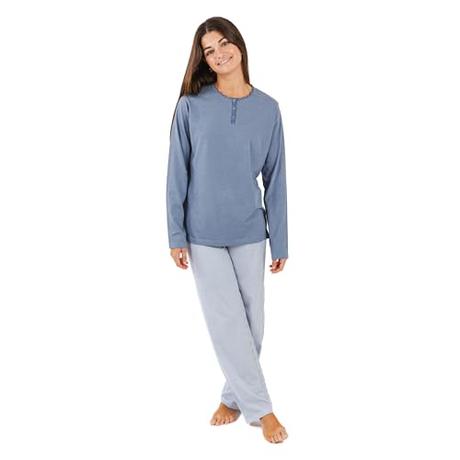 TRAMAS+ Pijama Mujer 100% Algodón con Camiseta Manga Larga y Pantalón Largo, Pijamas de Entretiempo Primavera y Verano - (Lista Indigo, L)
