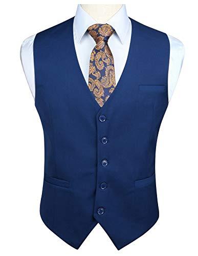 HISDERN Hombres Fiesta formal Boda Negocio Algodon Chaleco Color solido Chaleco Azul marino
