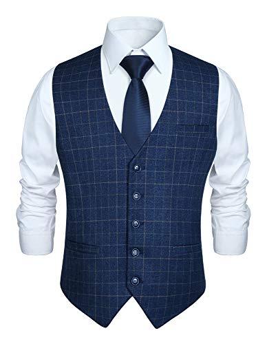 HISDERN Chaleco de traje azul marino para hombre Chaleco de vestir de fiesta de boda Chaleco de algodón a cuadros chaleco traje hombre