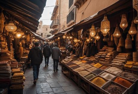 A bustling marketplace in Fez, Morocco, with colorful textiles, ornate pottery, and aromatic spices on display. The narrow, winding streets are lined with historic buildings and bustling with activity