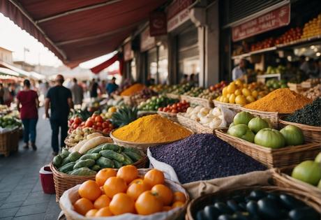A bustling Antalya market with colorful textiles, fresh produce, and aromatic spices. The Mediterranean sea glistens in the background