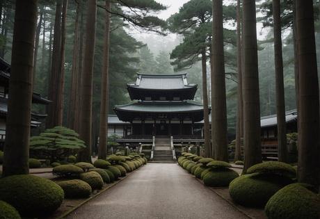 A serene temple nestled among towering cedar trees in Koyasan, with stone lanterns lining the path leading to the entrance