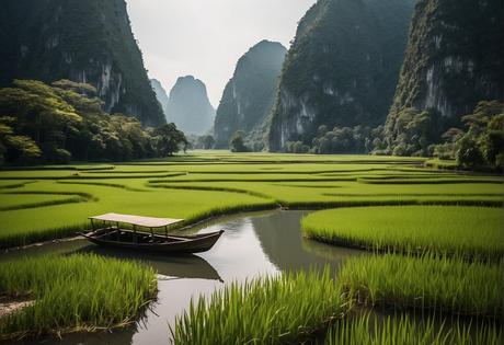 Lush green rice paddies surrounded by limestone karst mountains in Tam Coc, Vietnam. A winding river flows through the landscape, with small boats ferrying tourists