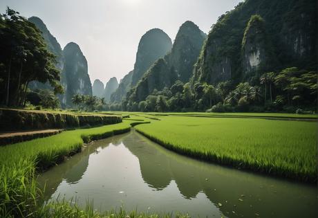 Lush green rice paddies stretch out beneath towering limestone karsts, as a tranquil river winds its way through the picturesque landscape of Tam Coc