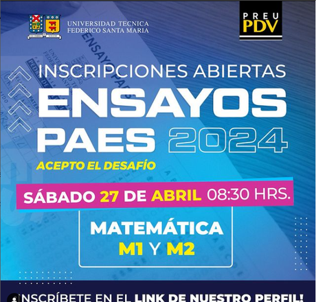 Universidad Técnica Federico Santa María comparte invitación para Ensayo de Matemática M1 y M2 para 3° y 4° medios. Universidad Técnica Federico Santa María comparte invitación para Ensayo de Matemática M1 y M2 para 3° y 4° medios.
