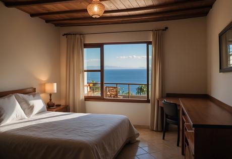 A cozy motel room in Puerto Vallarta with a comfortable bed, clean linens, and a view of the ocean through the window