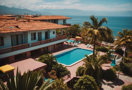 A colorful motel in Puerto Vallarta with palm trees, a pool, and a view of the ocean