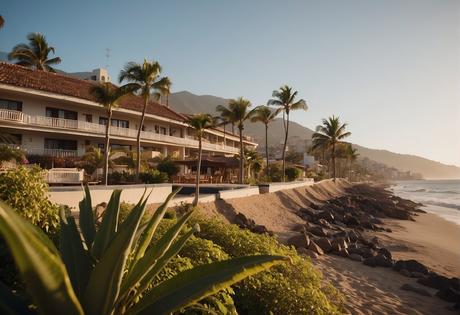 A serene beachfront motel in Puerto Vallarta, with palm trees swaying in the gentle breeze and the sound of waves crashing against the shore